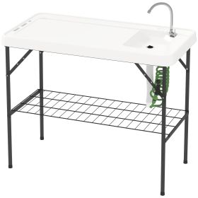 Folding Fish Cleaning Table With Sink, Portable Camping Table With Faucet, Drainage Hose, Sprayer And Shelf, White