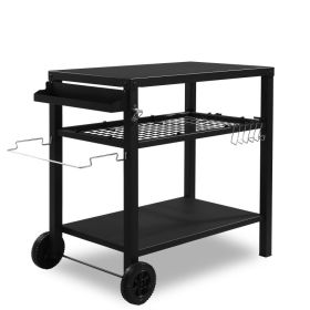 All Black Iron Movable Barbecue Cart With Mesh Basket