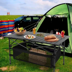 220 Lb Capacity Foldable Camping Table Aluminum Top & Steel Frame With Mesh Basket Portable BBQ Picnic Beach Table Includes Carry Bag (Color: Black)